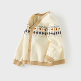 Dave&Bella Toddler Boys Apricot Jacquard V-neck Cozy Comfortable Cotton Cardigans