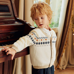 Dave&Bella Toddler Boys Apricot Jacquard V-neck Cozy Comfortable Cotton Cardigans