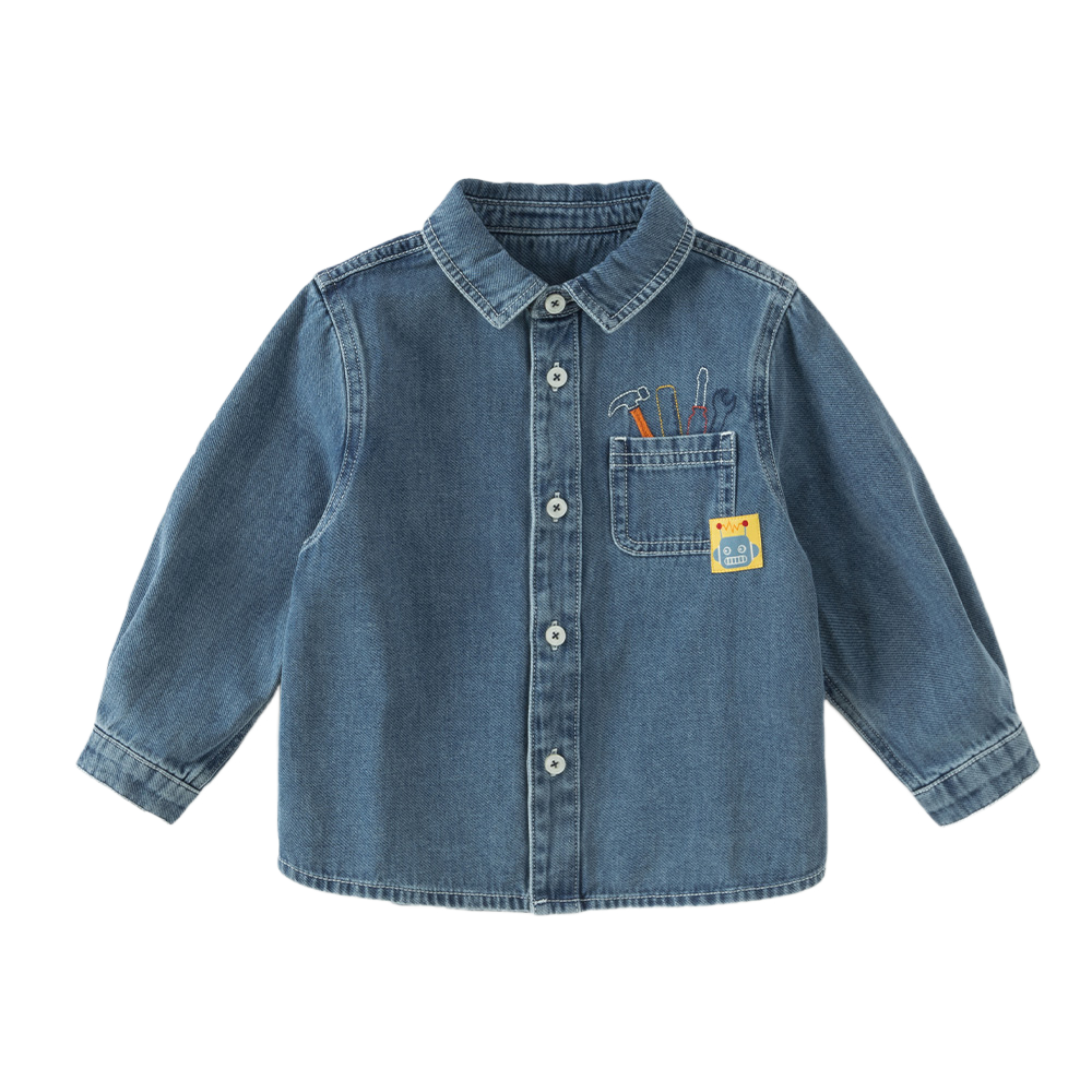 Dave&Bella Toddler Boys Denim Blue Polo Collar Classic Cotton Denim Shirts