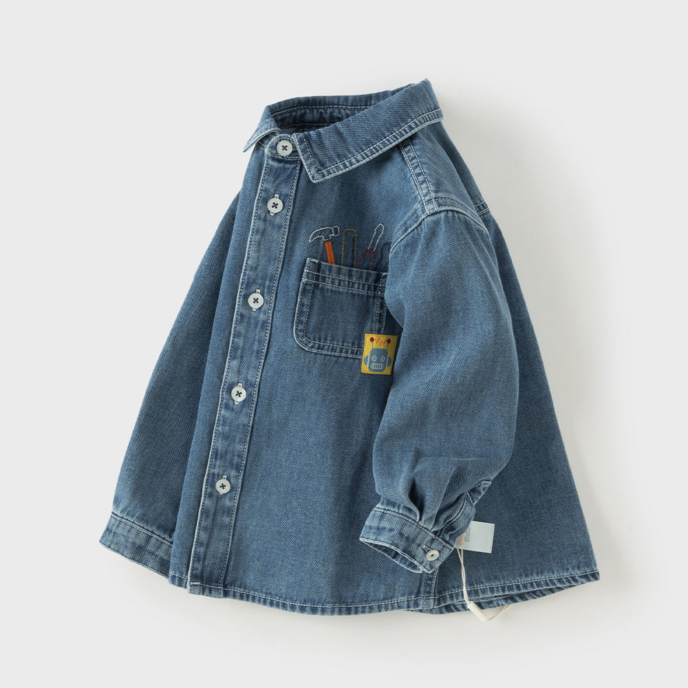 Dave&Bella Toddler Boys Denim Blue Polo Collar Classic Cotton Denim Shirts