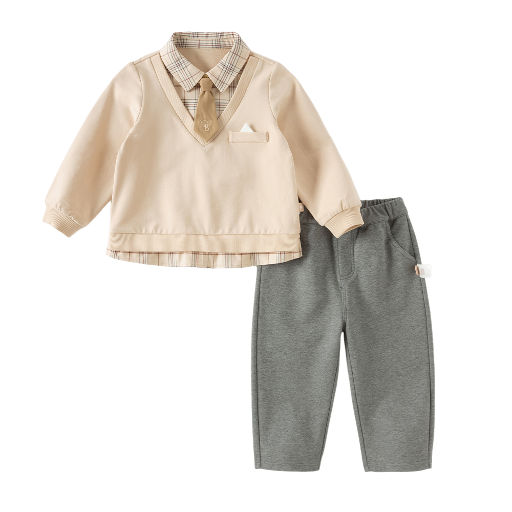 Dave&Bella Toddler Boys Apricot Preppy Style Mock Two-Piece Casual Pant Suits