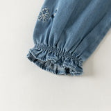 Dave&Bella Toddler Boys Denim Blue Floral Embrodiery Doll Collar Cozy Cotton T-shirts