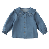 Dave&Bella Toddler Boys Denim Blue Floral Embrodiery Doll Collar Cozy Cotton T-shirts
