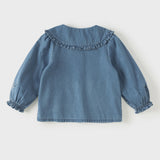 Dave&Bella Toddler Boys Denim Blue Floral Embrodiery Doll Collar Cozy Cotton T-shirts