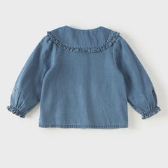 Dave&Bella Toddler Boys Denim Blue Floral Embrodiery Doll Collar Cozy Cotton T-shirts
