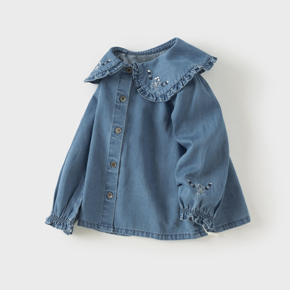 Dave&Bella Toddler Boys Denim Blue Floral Embrodiery Doll Collar Cozy Cotton T-shirts