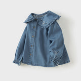 Dave&Bella Toddler Boys Denim Blue Floral Embrodiery Doll Collar Cozy Cotton T-shirts