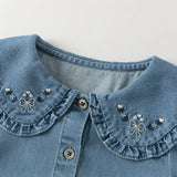 Dave&Bella Toddler Boys Denim Blue Floral Embrodiery Doll Collar Cozy Cotton T-shirts