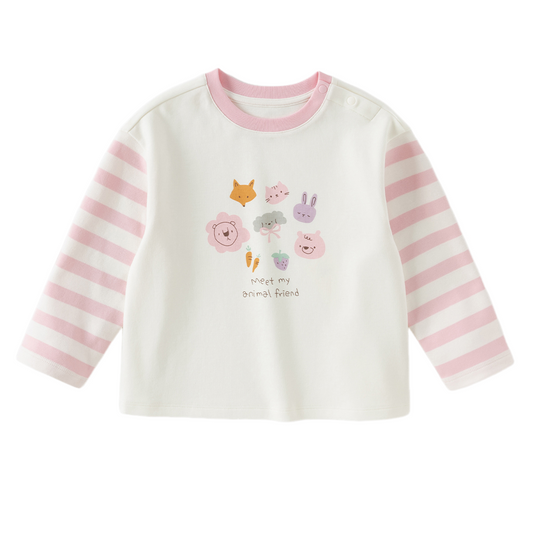 Dave&Bella Toddler Girls Beige Pink Striped Cute Print Cozy Comfortable Cotton T-shirts