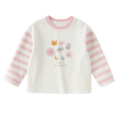 Dave&Bella Toddler Girls Beige Pink Striped Cute Print Cozy Comfortable Cotton T-shirts