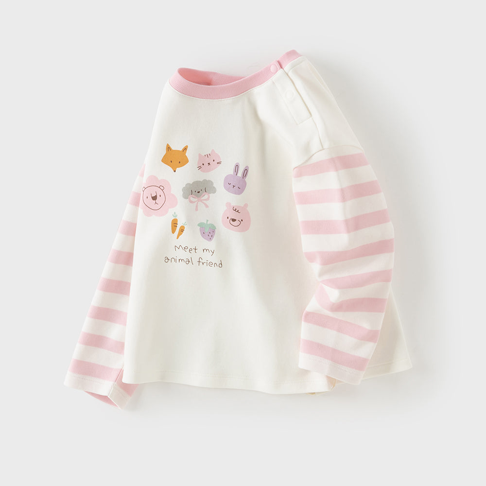 Dave&Bella Toddler Girls Beige Pink Striped Cute Print Cozy Comfortable Cotton T-shirts