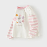 Dave&Bella Toddler Girls Beige Pink Striped Cute Print Cozy Comfortable Cotton T-shirts