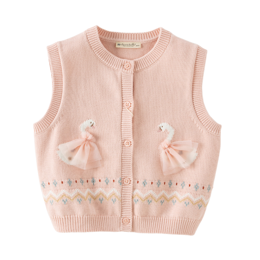 Dave&Bella Toddler Girls Pink/Apricot Cozy Cotton Cute Animal Jacquard Knit Vests