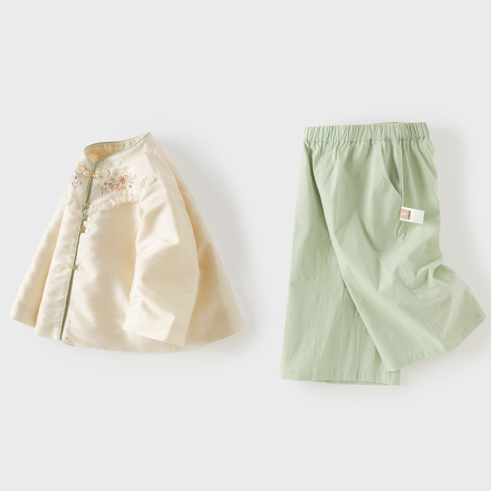 Dave&Bella Toddler Girls Light Yellow Floral Embroidery Chinese Style Comfortable Pant Suits