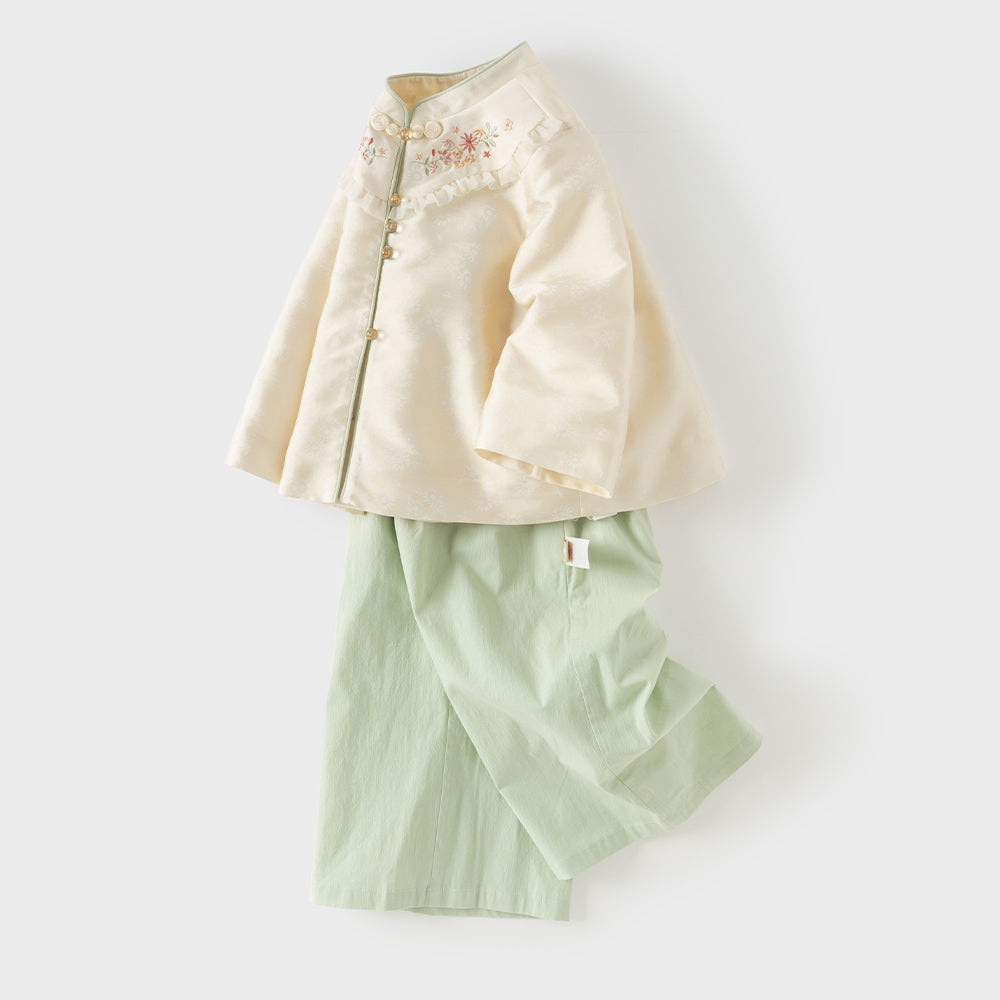 Dave&Bella Toddler Girls Light Yellow Floral Embroidery Chinese Style Comfortable Pant Suits