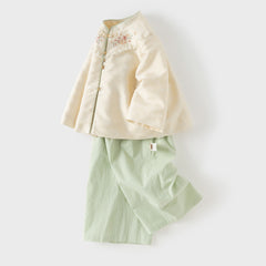 Dave&Bella Toddler Girls Light Yellow Floral Embroidery Chinese Style Comfortable Pant Suits