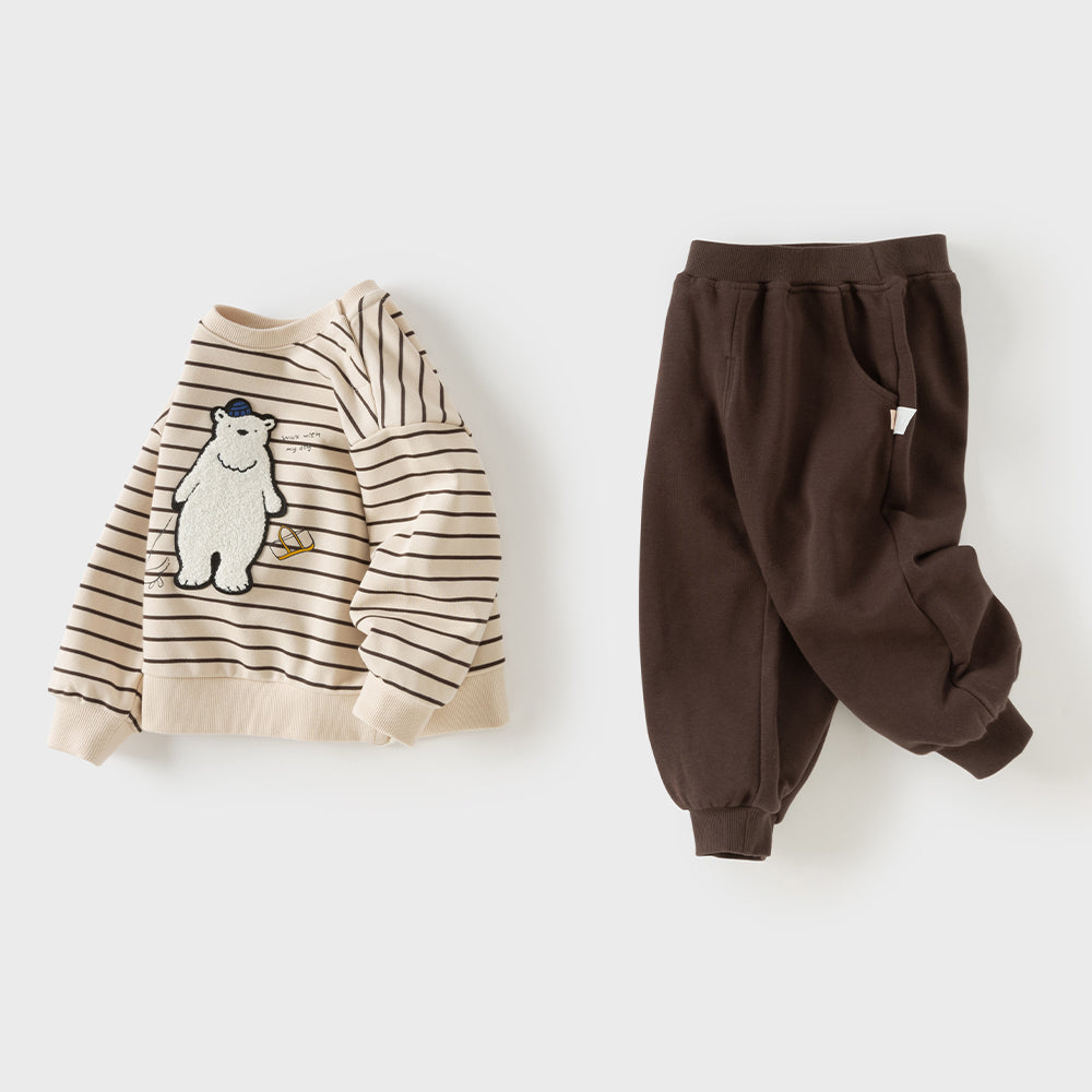 Dave&Bella Toddler Boys Brown Striped Bear Print Soft Comfortable Pant Suits