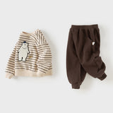 Dave&Bella Toddler Boys Brown Striped Bear Print Soft Comfortable Pant Suits