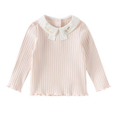 Dave&Bella Toddler Girls White/Pink Turndown Collar Little Bear Embroidery Sweaters