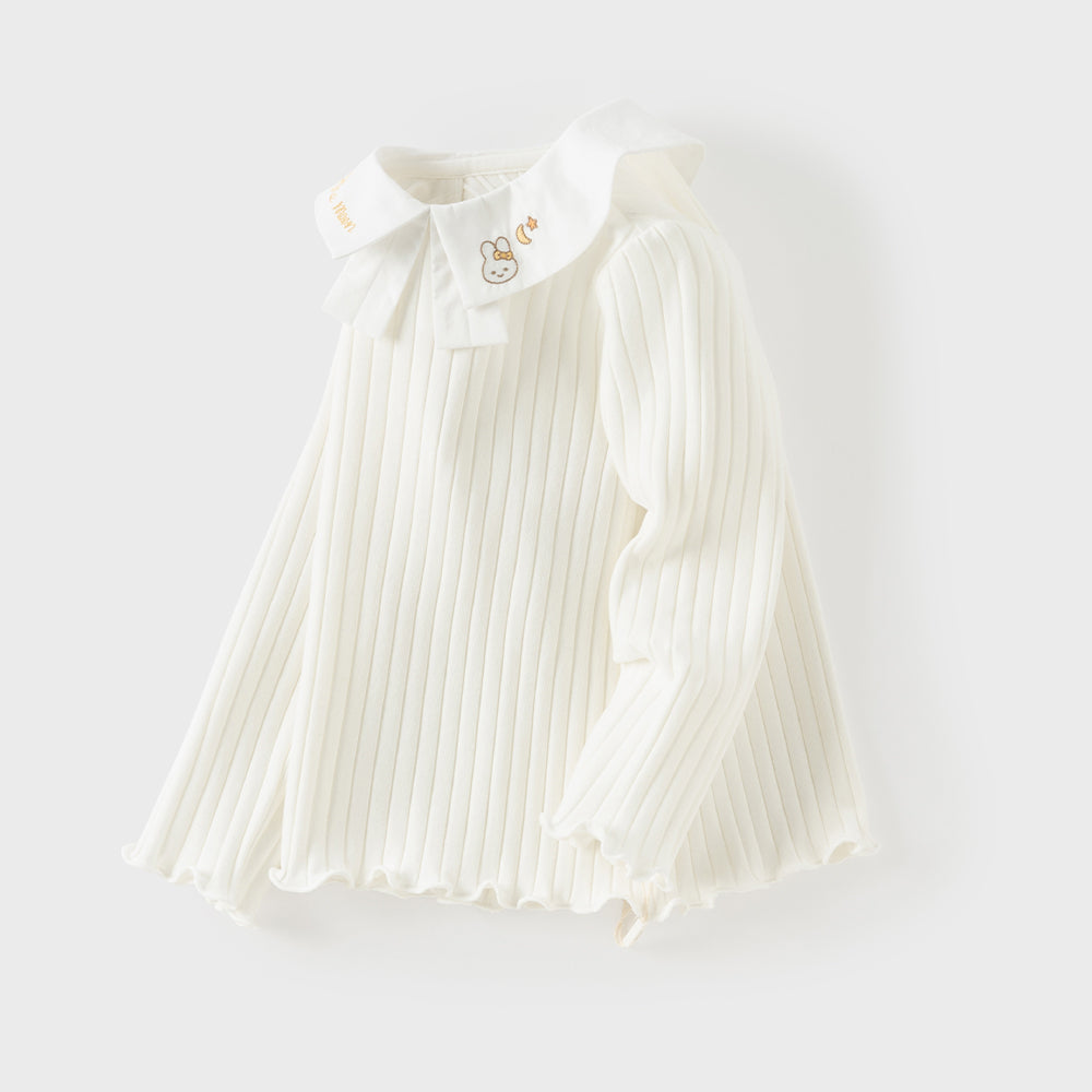 Dave&Bella Toddler Girls White/Pink Turndown Collar Little Bear Embroidery Sweaters