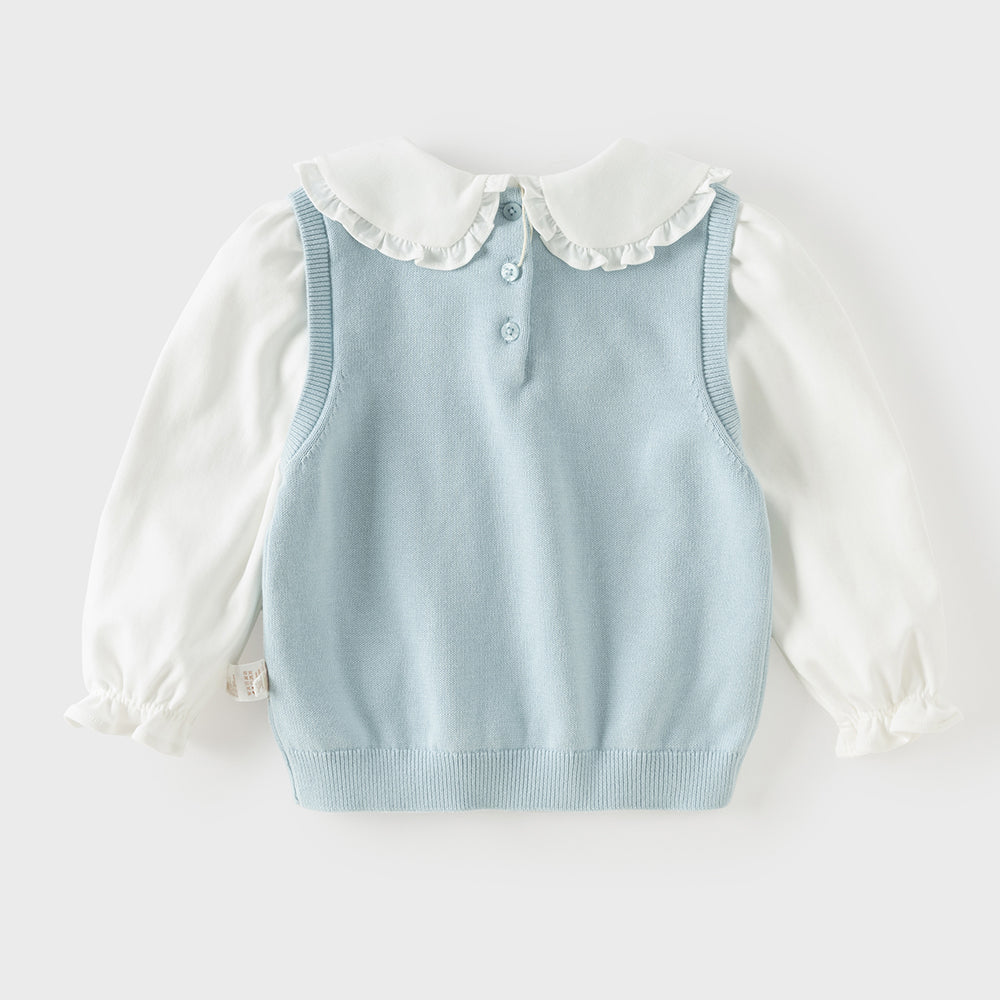 Dave&Bella Toddler Girls Blue Doll Collar Mock Two-Piece Soft Cozy Cotton Sweaters