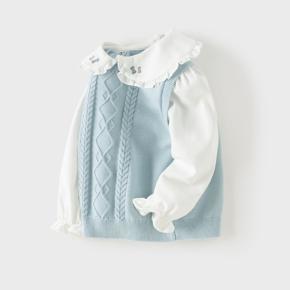 Dave&Bella Toddler Girls Blue Doll Collar Mock Two-Piece Soft Cozy Cotton Sweaters