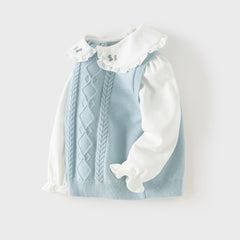 Dave&Bella Toddler Girls Blue Doll Collar Mock Two-Piece Soft Cozy Cotton Sweaters