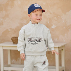 Dave&Bella Toddler Boys Light Gray Polo Collar Letter Printed Casual Pant Suit