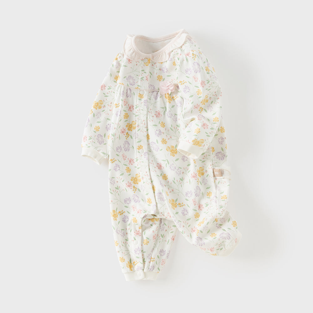 Dave&Bella Baby Girls Beige Floral Print Sweet Soft Comfortable Cotton Rompers