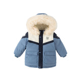 Dave&Bella Kids Boys Winter Cozy Fur-trim Outwear Blue Mid-length Hooded Down Coat