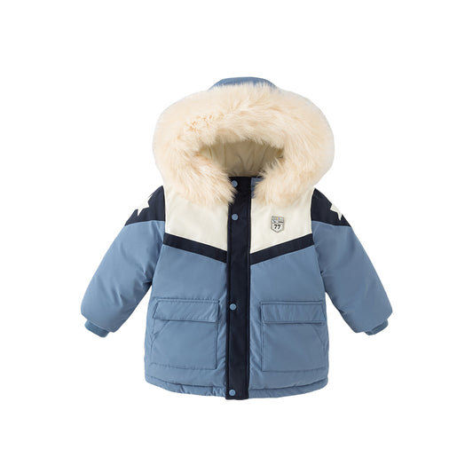 Dave&Bella Kids Boys Winter Cozy Fur-trimmed Outwear Blue Mid-length Hooded Down Coat