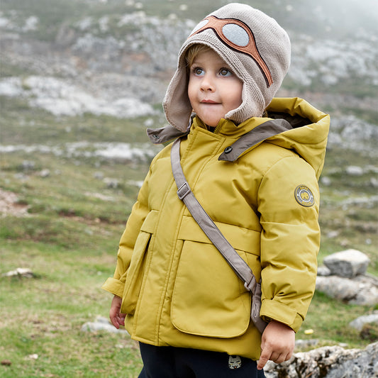 Dave&Bella Kids Boys Winter Yellow Windproof Mid-Length Down Hooded Coats(wallet bag)