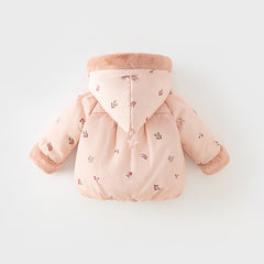 Dave&Bella Toddler Girls Sweet Pink Print Outdoor Warm Padded Fur-trimmed Hooded Coats