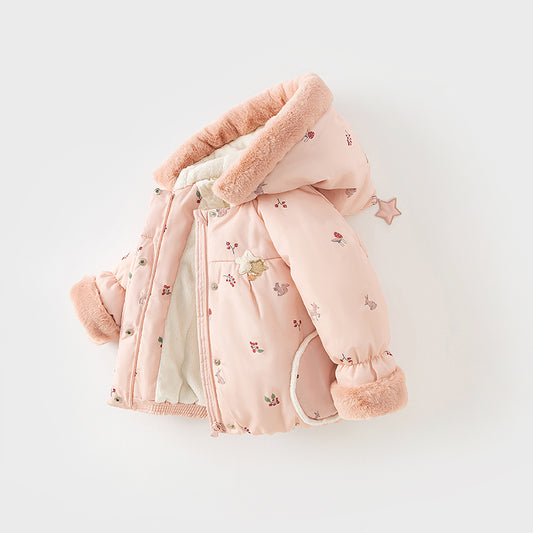 Dave&Bella Toddler Girls Sweet Pink Print Outdoor Warm Padded Fur-trimmed Hooded Coats