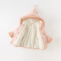 Dave&Bella Toddler Girls Sweet Pink Print Outdoor Warm Padded Fur-trimmed Hooded Coats