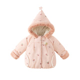 Dave&Bella Toddler Girls Sweet Pink Print Outdoor Warm Padded Fur-trim Hooded Coats