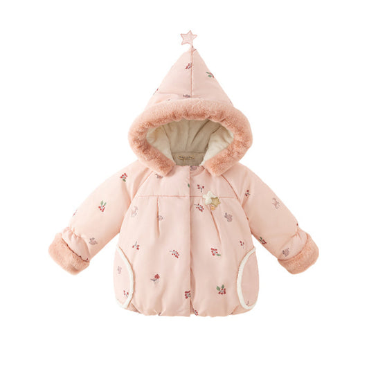 Dave&Bella Toddler Girls Sweet Pink Print Outdoor Warm Padded Fur-trimmed Hooded Coats