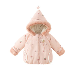 Dave&Bella Toddler Girls Sweet Pink Print Outdoor Warm Padded Fur-trimmed Hooded Coats