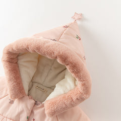 Dave&Bella Toddler Girls Sweet Pink Print Outdoor Warm Padded Fur-trimmed Hooded Coats