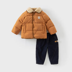 Dave&Bella Toddler Boys Winter Camel Brown/Dark Grey Outdoor Outwear Cozy Down Coats