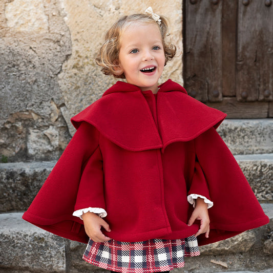 Dave&Bella Girls Autumn Red Outdoor Hooded Toddler Fleece Capes Coat