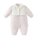Dave&Bella Baby Girls Pretty Floral Print Doll Collar Padded Plush-lined Warm Rompers