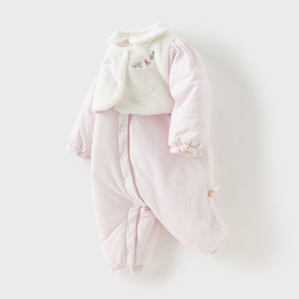 Dave&Bella Baby Girls Pretty Floral Print Doll Collar Padded Plush-lined Warm Rompers
