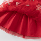 Dave&Bella Toddler Girls Festival Red Christmas Reindeer Print Mesh Princess Dress