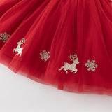 Dave&Bella Toddler Girls Festival Red Christmas Reindeer Print Mesh Princess Dress