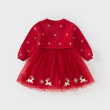 Dave&Bella Toddler Girls Festival Red Christmas Reindeer Print Mesh Princess Dress
