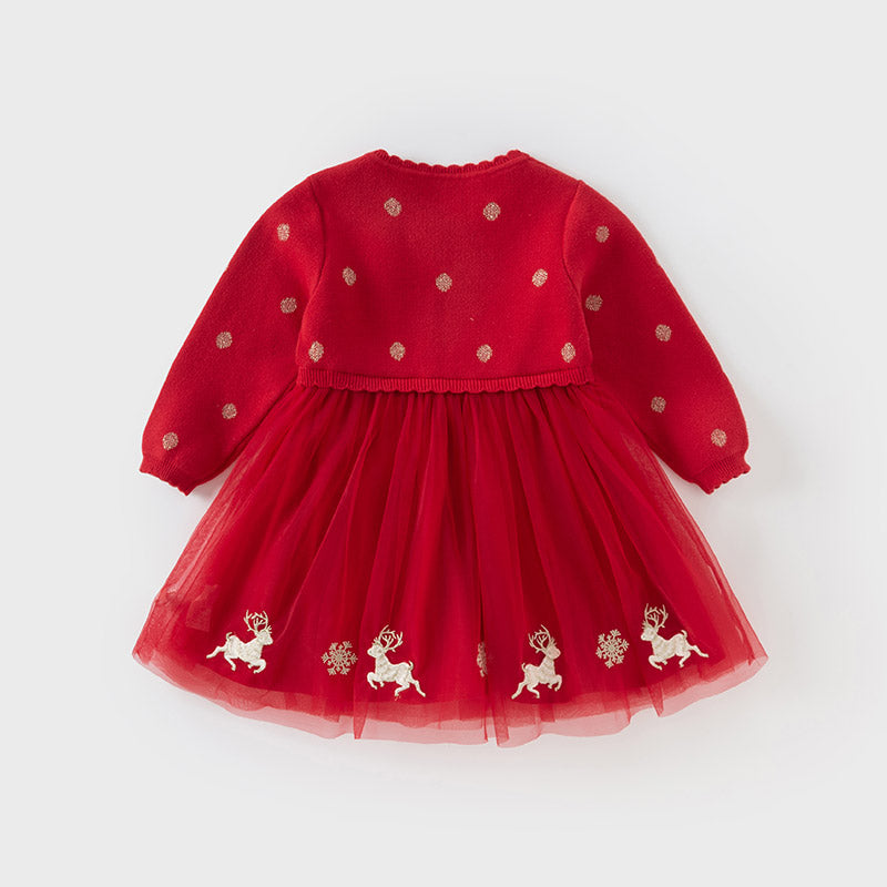 Dave&Bella Toddler Girls Festival Red Christmas Reindeer Print Mesh Princess Dress