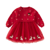 Dave&Bella Toddler Girls Festival Red Christmas Reindeer Print Mesh Princess Dress
