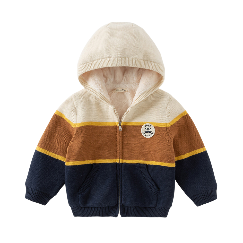 Dave&Bella Toddler Boys Winter Gentle Striped Outwear Plush-lined Hooded Sweater Coats