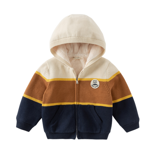 Dave&Bella Toddler Boys Winter Gentle Striped Outwear Plush-lined Hooded Sweater Coats